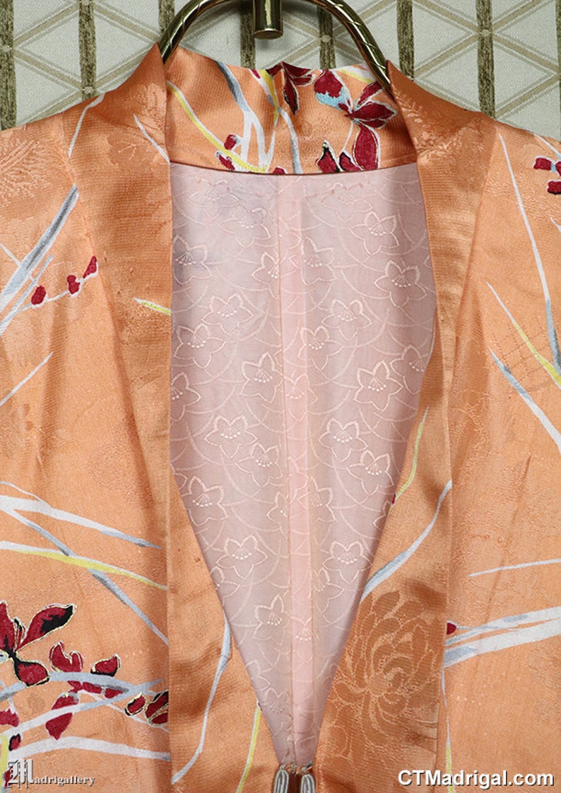 Satin silk haori, vintage kimono jacket robe coat, long sleeves, Japanese, flowers peach orange red, batwing, antique 1920s 1930s 1910s image 5