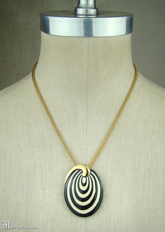 Eisenberg necklace, signed black off white op art 