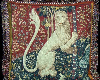 Gothic lion tapestry pillow, red, loop fringe trim, striped velvet back, red blue cream ivory florals, gryphon, medieval armorial style