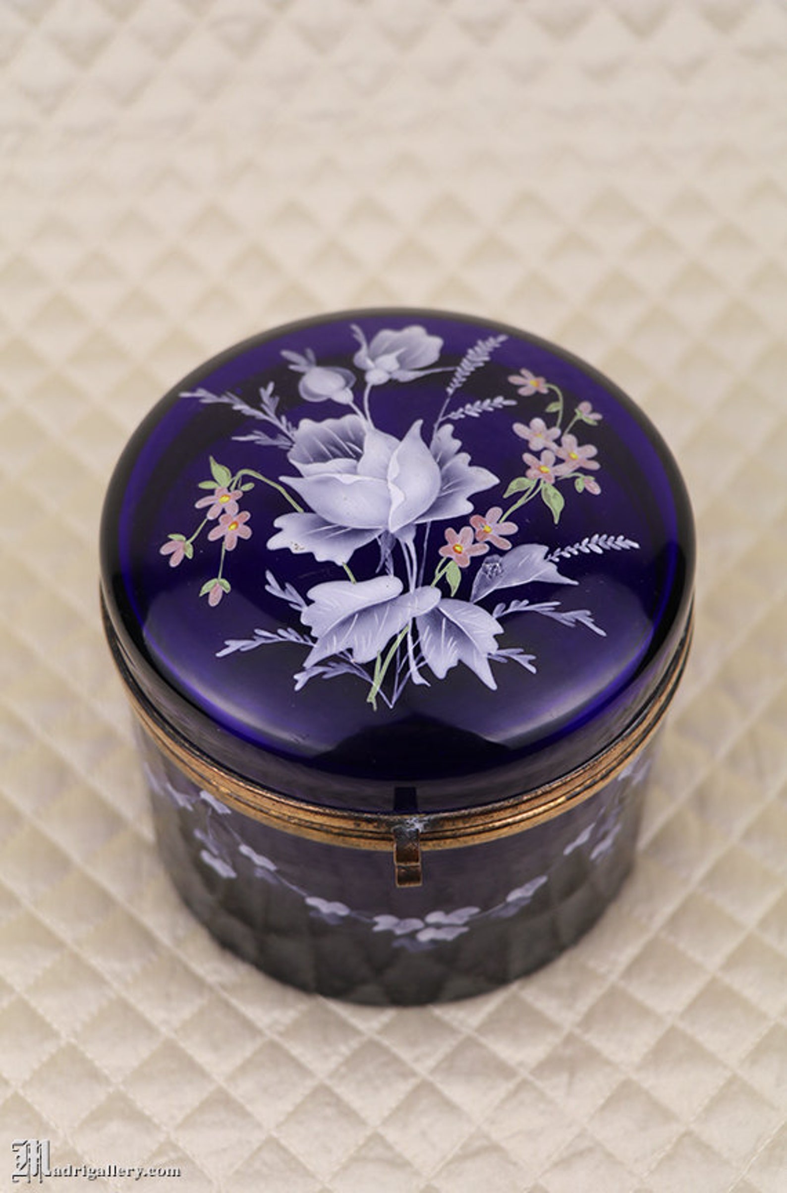 Big Antique Dresser Vanity Jar, Enameled Cobalt Blue Glass Jewelry