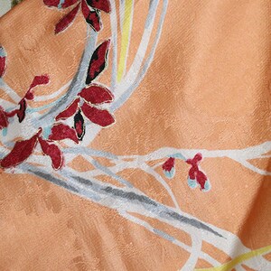 Satin silk haori, vintage kimono jacket robe coat, long sleeves, Japanese, flowers peach orange red, batwing, antique 1920s 1930s 1910s 画像 4