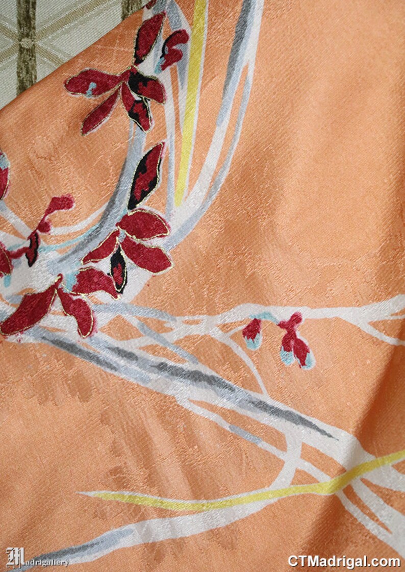 Satin silk haori, vintage kimono jacket robe coat, long sleeves, Japanese, flowers peach orange red, batwing, antique 1920s 1930s 1910s image 4