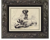Antique ink drawing of hunting dogs and dead game bird in heavy, heavily carved Art Nouveau style silver wood frame