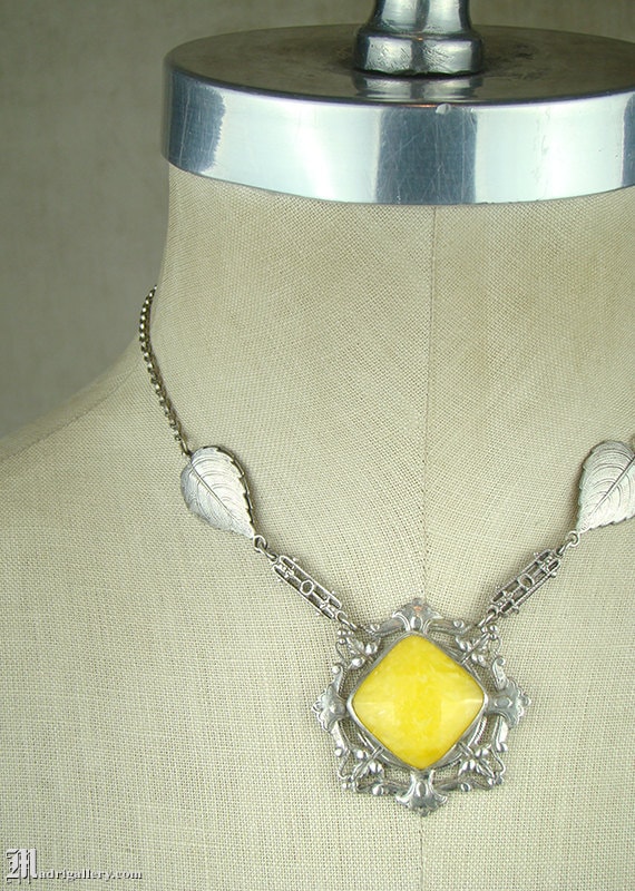 1920s art deco necklace, canary yellow art glass … - image 2