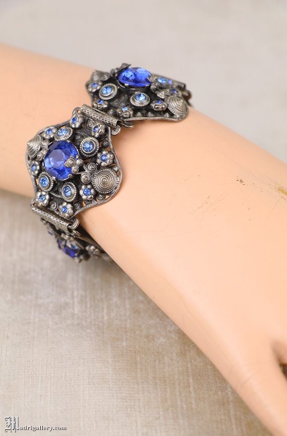 Antique art deco bracelet, sapphire blue faceted … - image 1