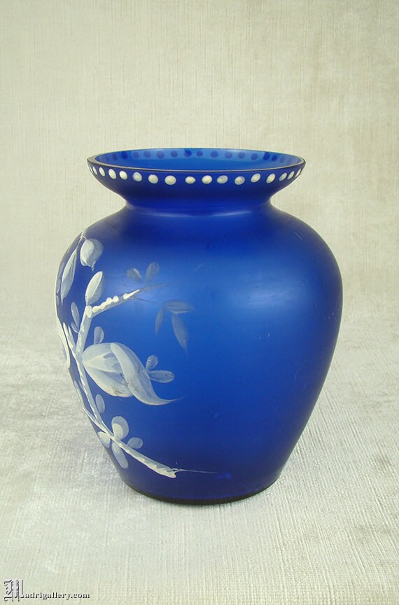 Antique Blue Glass Vase Hand Painted Flowers Satin Glass Etsy
