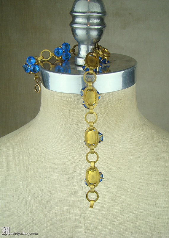 Antique necklace, Art Deco golden brass & sapphir… - image 3