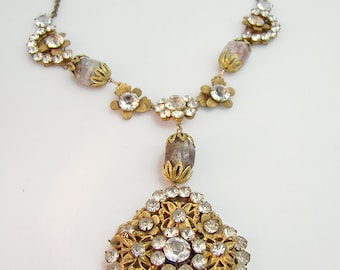 Grand antique necklace in layered elaborately open-worked goldtone filigree metal rhinestones and marbled gray stones Edwardian 1910s 1930s