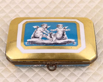 Sevres antique hand painted French porcelain jewelry box, dresser trinket casket, gold, gilt, bronze hinged lid, cherub putto, french France