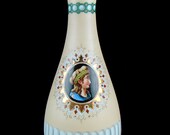 Antique satin glass vase, hand-painted enamel cameo portrait miniature, classical neoclassical, gilded, gilt, cream, green, ivory, white