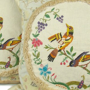 Pair french country pillows, antique bird embroidery, crewel embroidered linen, soft brush fringe, velvet, floral flowers, beige tan cream image 2