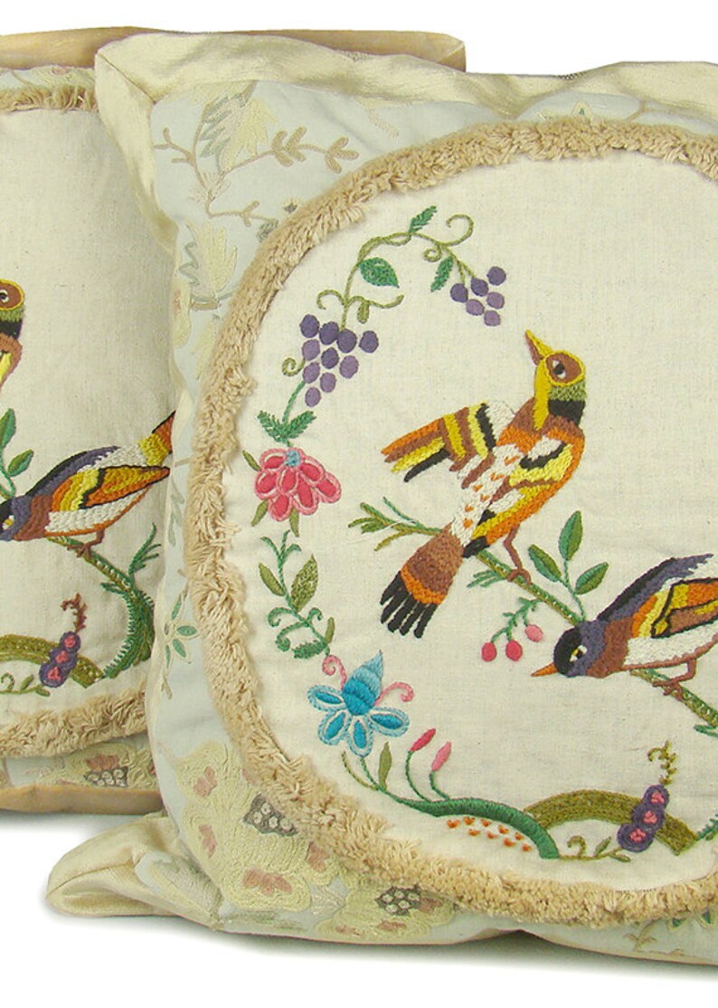 Pair french country pillows, antique bird embroidery, crewel embroidered linen, soft brush fringe, velvet, floral flowers, beige tan cream image 2