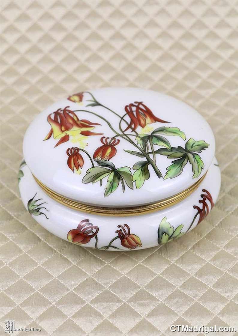 Antique Art Nouveau dresser vanity jar, Limoges hand painted porcelain jewelry trinket box, big lid flowers brass, round powder CFH GDM image 1