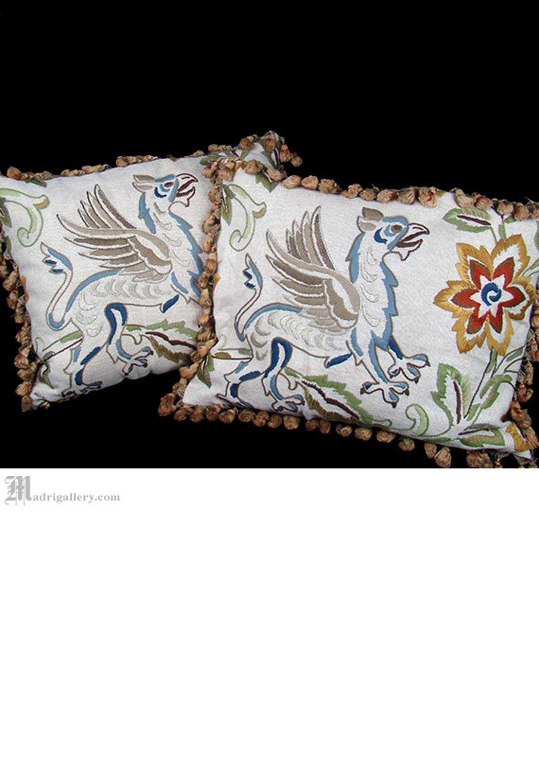 Antique Pillow Pair 19th Century Gothic Gryphon Griffin Gargoyle
