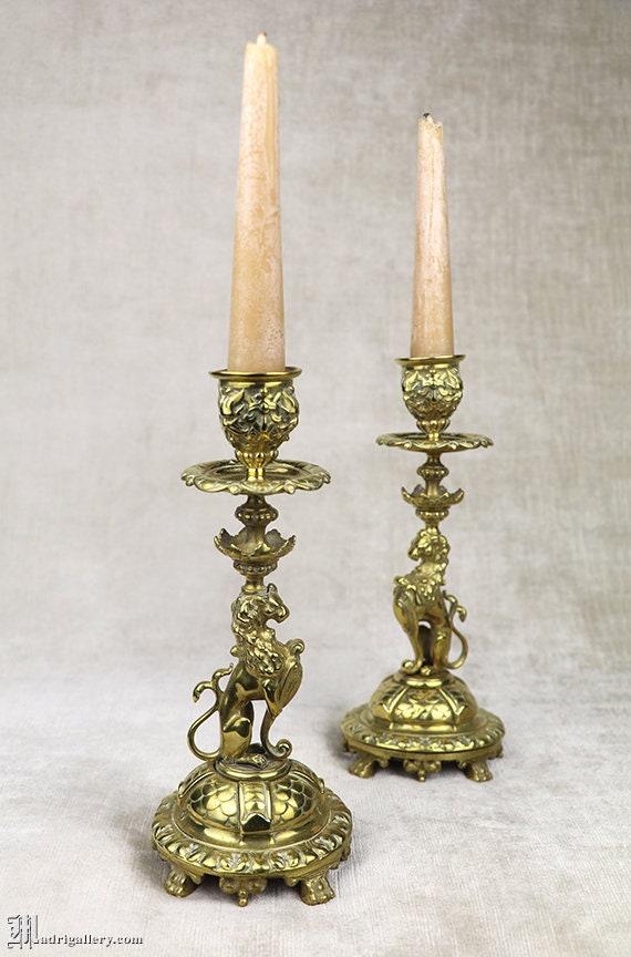 Antique Lion Candlesticks Pair, Brass Candle Stick Holder, Figural