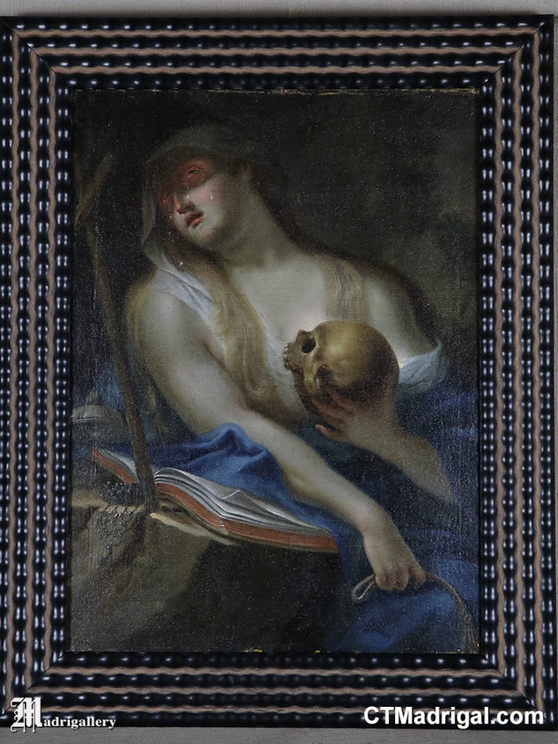 Antique oil painting Repentant Mary Magdalene vanitas skull 18th century religious Christian Iconography Jesus Christ canvas panel frame image 2