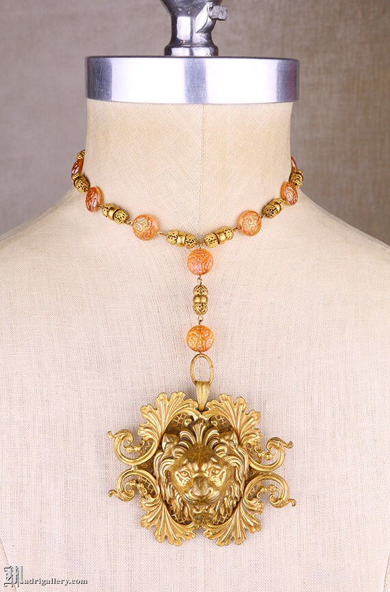 Huge Miriam Haskell Pendant Necklace, Brass Lion Lavalier