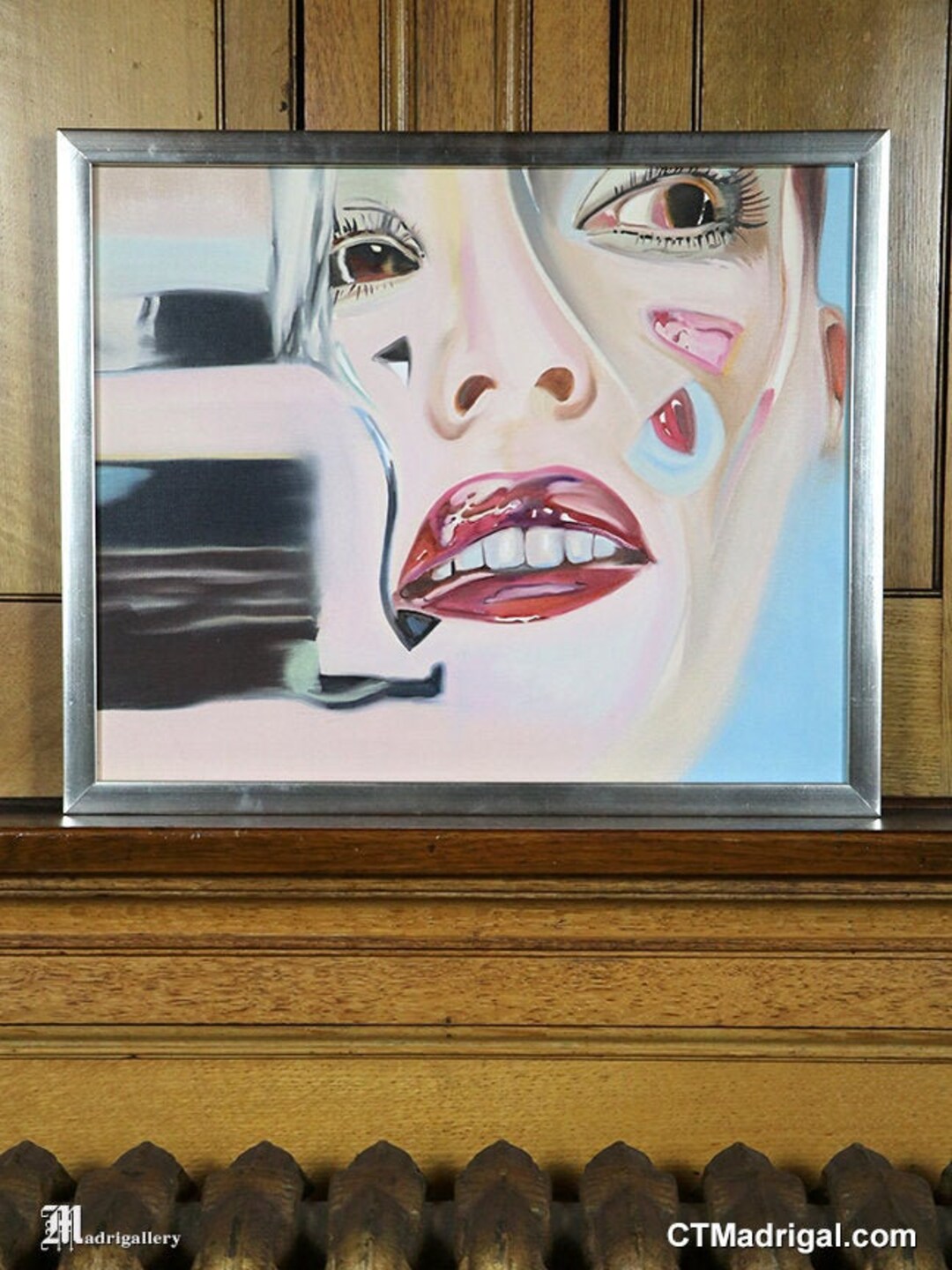 Vintage Oil Portrait Painting on Canvas, Beautiful Female Woman, 1980s