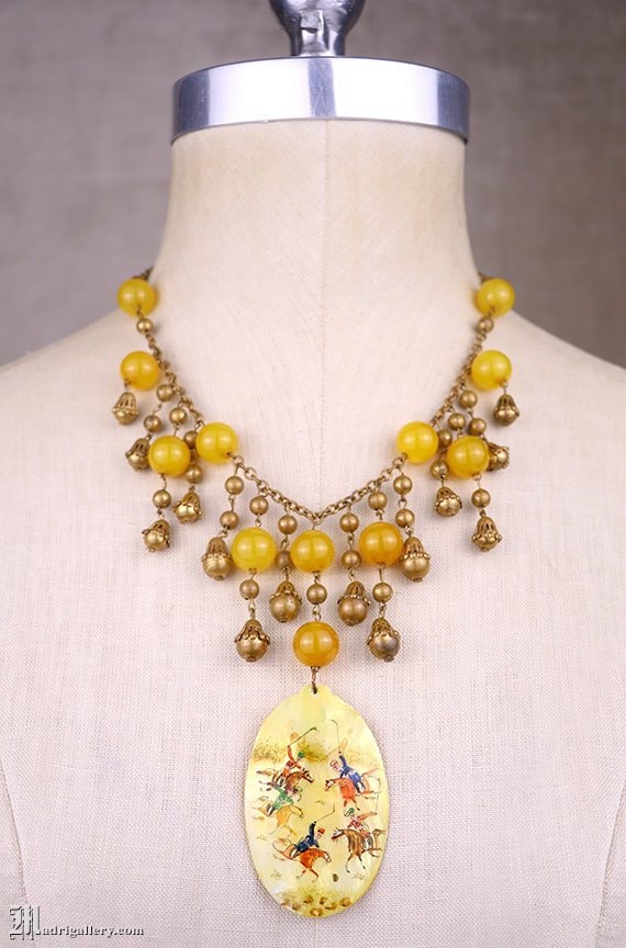 Hand painted MOP bib & pendant necklace, 1930s 194