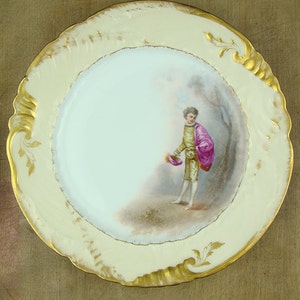 Plato antiguo de porcelana para vitrina, pintado a mano, con un niño victoriano en un paisaje, Limoges GD&C, siglo XIX, dorado, Francia