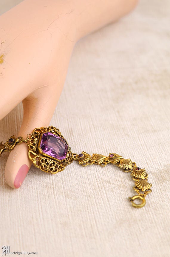 Antique gilt brass bracelet, amethyst faceted gla… - image 3
