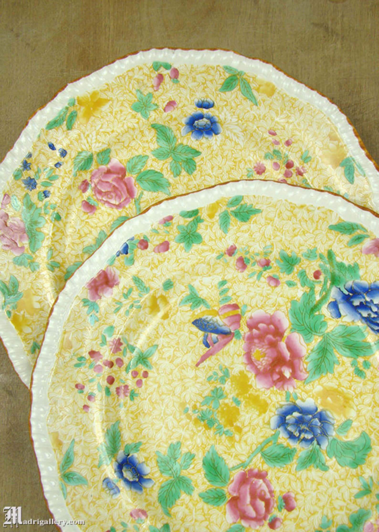 Pair Two Antique Plates With Rich Garden Yellow Pink Blue
