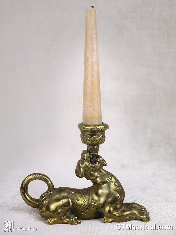 Antique Lion Candlestick, Gilt Brass Bronze Chamberstick Candle