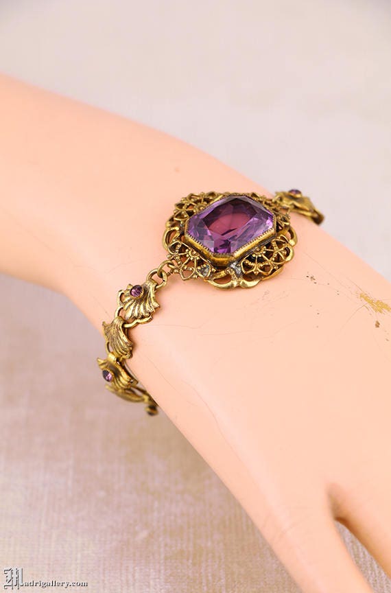Antique gilt brass bracelet, amethyst faceted gla… - image 1