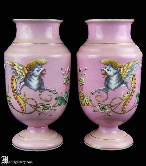 Victorian Baccarat Opaline Glass Urn Vases, Pink Hand Painted