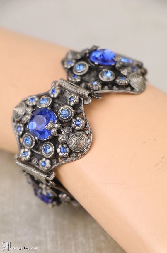 Antique art deco bracelet, sapphire blue faceted … - image 2