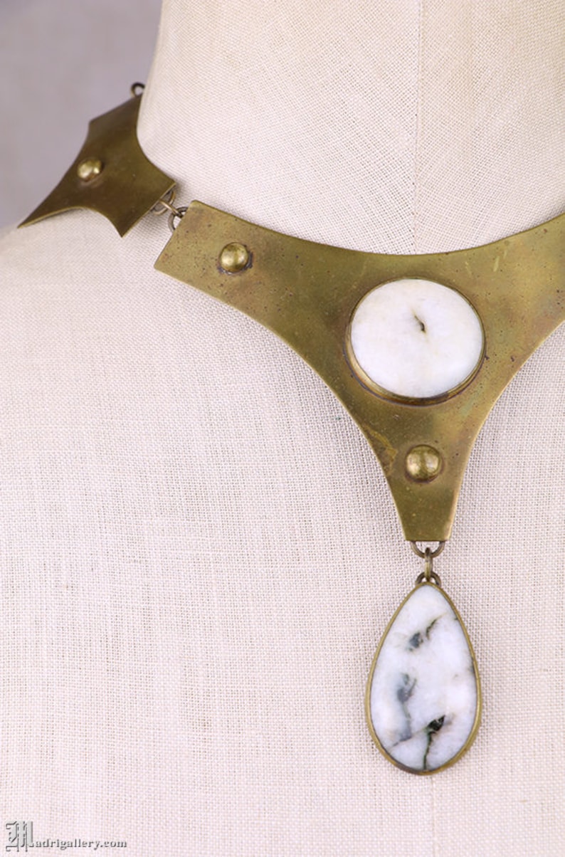 Brass Collar Necklace, Quartz, Modernist Hand Hammered Cleopatra