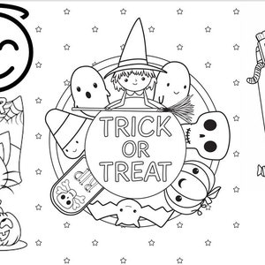 Pack of 3- Trick Or Treat Coloring SVG, Cute Coloring Page, Cute Cartoons, Happy Halloween, Coloring T-shirt, Cut File, Sublimation  jpg