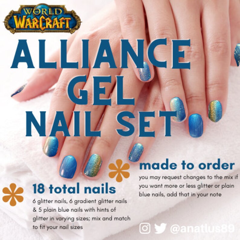 Alliance World of Warcraft Themed Custom Gel Nail Set18 Pieces Glue