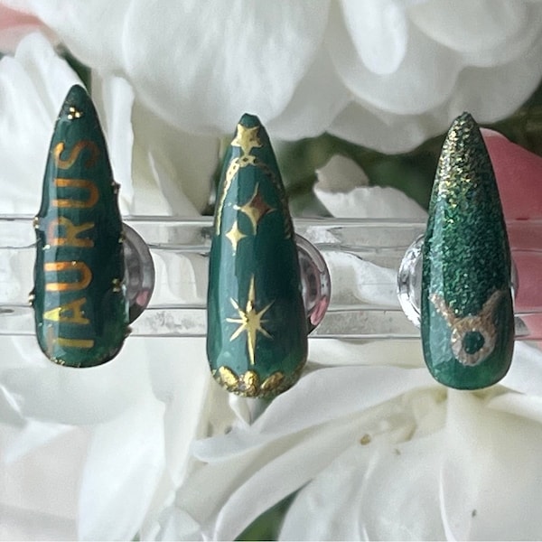 Taurus Star Sign Constellation + Emerald  - Custom Gel Nail Set(14 Pieces) - Medium Stiletto Shaped Glue/Press on Nails - Zodiac Nail Art