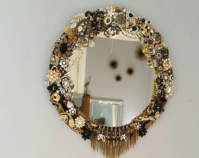 Round Wall Mirror Jewelry Rhinestone Framed Mirror Black and Etsy