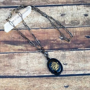 Cancer zodiac necklace with paperclip chain, vintage glass astrology, birth sign gift