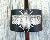 Scarab leather cuff bracelet, silver beetle bracelet
