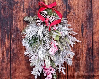 Red berry flocked swag wreath, Christmas door hanger, farmhouse xmas decor,