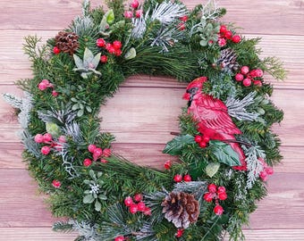 Cardinal Christmas Wreath, Red berry flocked wreath, Farmhouse Christmas Door Decor, xmas and winter home decor