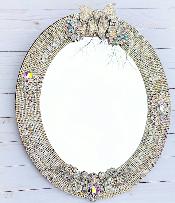 Rhinestone oval mirror jeweled mirror with handmade frame Etsy