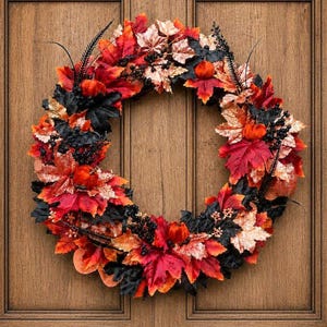 May include: A circular wreath composed of artificial maple leaves in shades of red, orange, and black, interspersed with small black berries and miniature orange pumpkins. The foliage features a mix of matte and metallic finishes throughout.