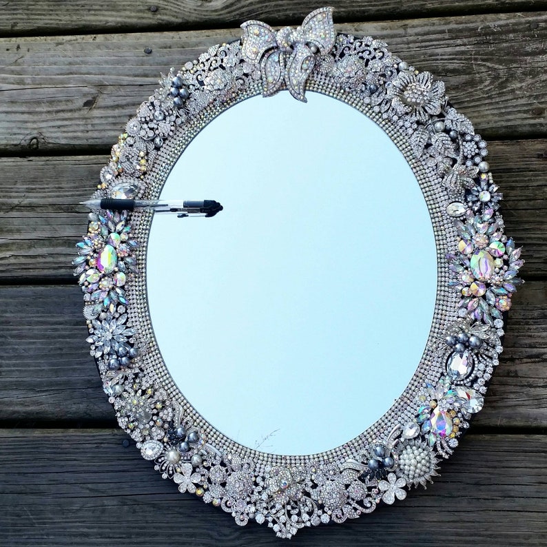 Rhinestone oval wall mirror with bow glam home décor jeweled Etsy