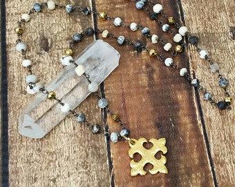 Hammered gold cross with beaded chain