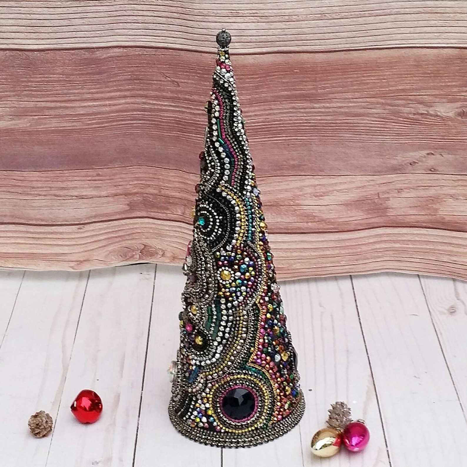 Black Jeweled Cone Tree Gothic Christmas Decor Rhinestone Etsy