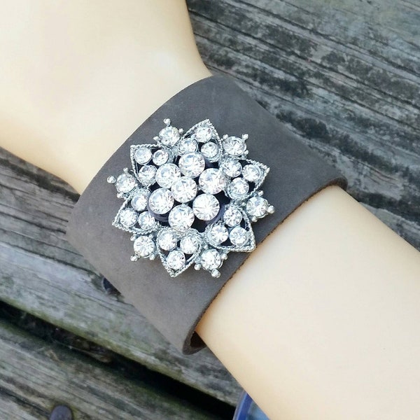 Gray brooch bracelet, leather cuff with rhinestone star, Two sizes, snap closure