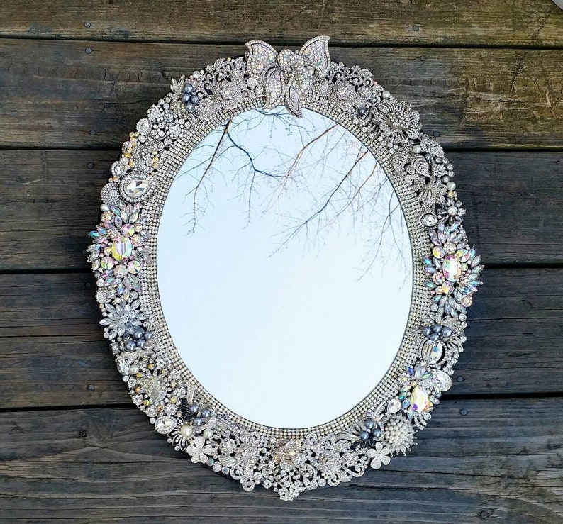 Rhinestone oval wall mirror with bow glam home décor jeweled Etsy