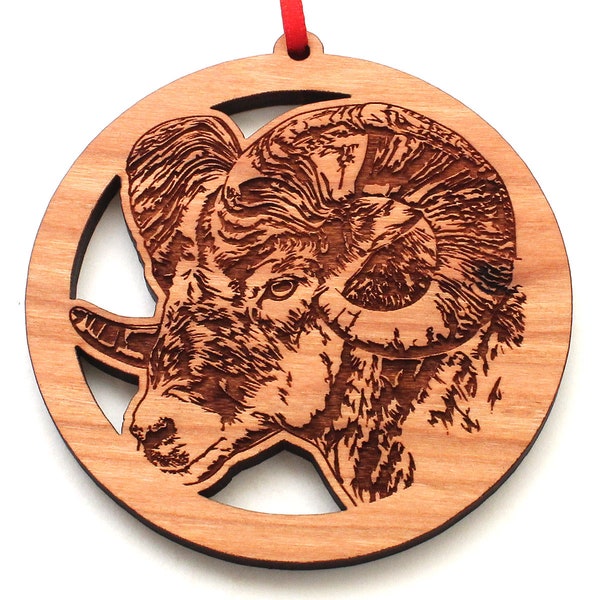 Bighorn Sheep Ram Face Ornament - Ram Engraved Black Cherry Wood Christmas Ornament - ANIMAL PORTRAITS - A Nestled Pines Collection