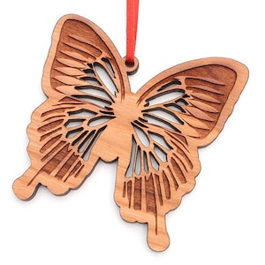 Blue Mountain Swallowtail Butterfly Ornament - Australian Papilio Ulysses Detailed Black Cherry Wood Ornament - Insect Collection