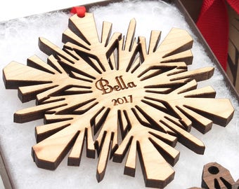 Falling Snowflake Personalized Christmas Ornament - Custom Engraved Wood Snowflake in Solid Maple Wood by Nestled Pines