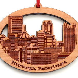 Pittsburgh PA City Skyline Oval Ornament - Engraved Pittsburgh, PA Downtown Black Cherry Wood - City Collection - Signature Skyline